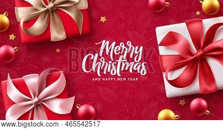 Merry Christmas Gifts Vector Background Design. Christmas And Happy New Year Text In Red Pattern Spa