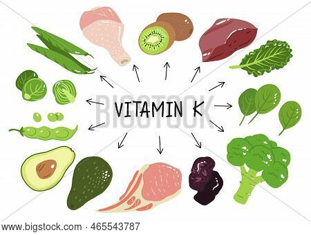 Vitamin K Vector Stock Illustration. Food Products With A High Content Of The Vitamin K1 And K2. Pru