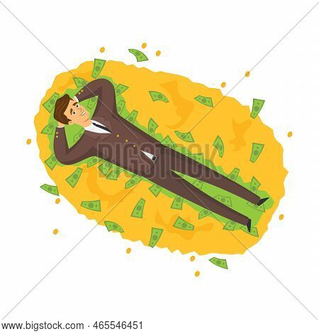 Happy Rich Man Lies On Pile Of Gold And Money. Much Money And Gold Cartoon Vector Illustration