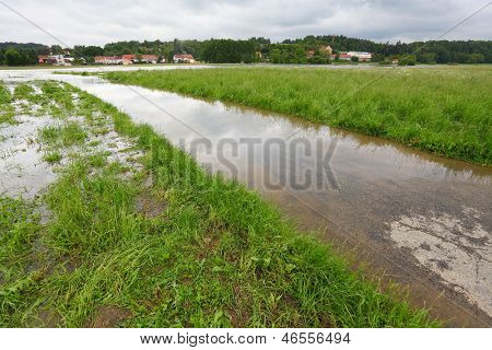 Flooded road. Radbuza river, Pilsen city, Czech Republic, Europe.