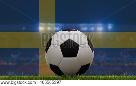 Soccer Football Ball On A Grass Pitch In Front Of Stadium Lights And Sweden Flag. 3d Rendering