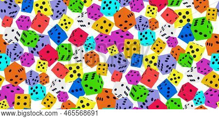 Gambling Game Dice. Seamless Pattern Of Polyhedral Gaming Color Dice Cubes With Black Dots On White.