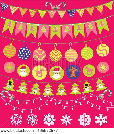 Vector Collection Borders Of Christmas Balls, Candies, Lights, Banting And Garlands.