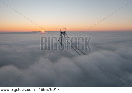 Panoramic Aerial Drone View From Above Of The Suspended Bridge Over Danube River, Under Construction