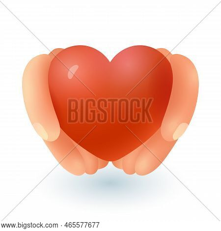 Human Hands Holding Cute Red Heart 3d Icon. Gesture Of Person Giving Love, Social Support And Medica