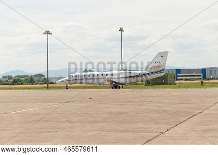 Lahr, Germany, July 9, 2022 Cessna 680 Citation Sovereign Plus Aircraft Is Parking At The Apron