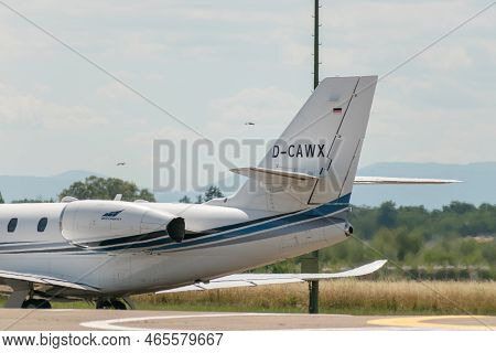Lahr, Germany, July 9, 2022 Cessna 680 Citation Sovereign Plus Aircraft Is Parking At The Apron