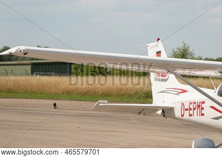 Lahr, Germany, July 9, 2022 Cessna 172 Propeller Plane Is Parking At The Local Airport