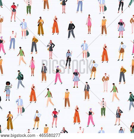 Crowd Seamless Pattern. Crowd Of Young  Men And Women In Trendy Hipster Clothes. Diverse Group Of St