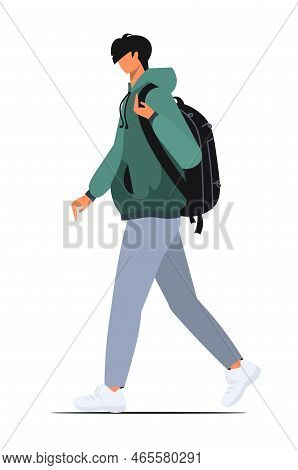 Young Student In A Green  Sweatshirt And Black Backpack. Happy Teenager In Casual Clothes. Youth Lif