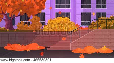 Autumn City With Falling Leaves. Fall Street Outdoor Panoramic View. City Facade Buildings Empty No 