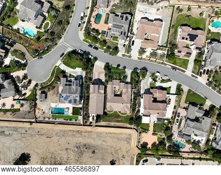Aerial Top View Of Big Villas With Pools In Rancho Cucamonga, In San Bernardino County, California, 