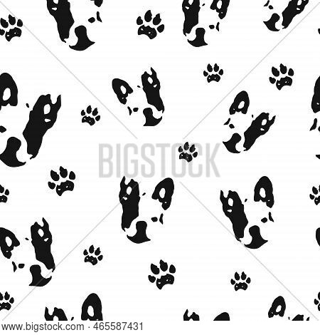 Dog Seamless Pattern. French Bulldog Head And Dog Footprint. Paw. Black And White Print. Packaging T