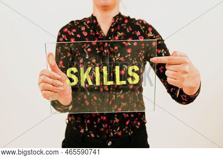 Text Showing Inspiration Skills. Concept Meaning Ability To Carry Task With Driven Result Within Giv