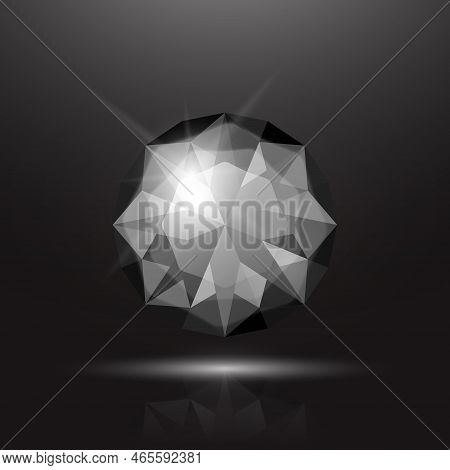 Vector 3d Realistic Black Transparent Round Glowing Gemstone, Diamond, Crystal, Rhinestone Closeup O
