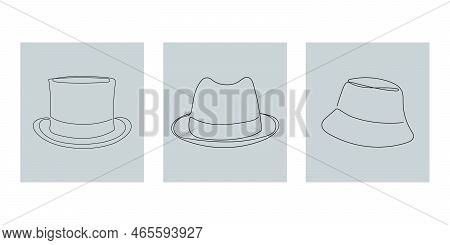 Hats Vintage Collection For Elegant Man In One Continuous Line Style. Top Hat, Panama And Bucket Hat