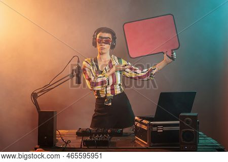 Disc Jockey Advertising Carton Speech Bubble In Studio, Showing Isolated Text Message Cardboard. You