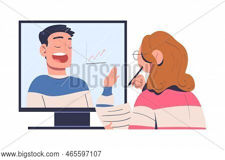 Online Education And E-learning With Woman Watching Professor On Computer Screen Giving Lesson On We