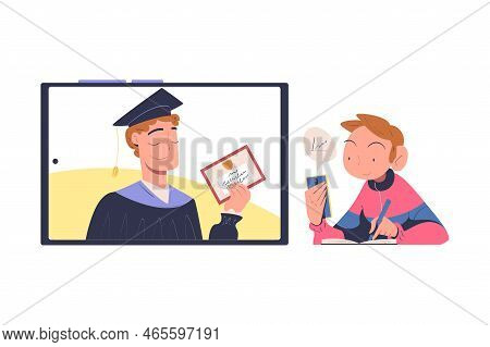 Online Education And E-learning With Man Watching Professor On Computer Screen Giving Lesson On Web 