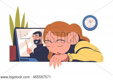 Bored Woman Sleeping At Lecture As Online Education And E-learning With Professor On Computer Screen