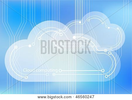 Cloud computing concept showing cloud icons styled like circuit boards agaisnt a circuit board background. EPS10 vector format.