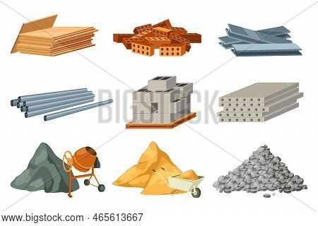 Building Materials Vector Set. Isolated Objects Of Metalworks, Bricks, Metal Pipes, Concrete Plates,