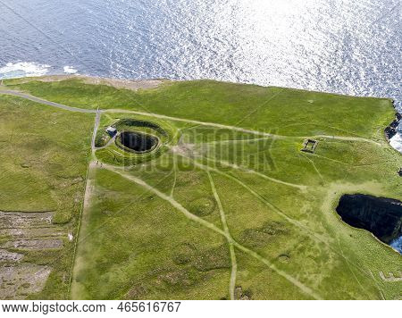 Aerial View Of The Blowhole Next To Dun Briste Sea Stick At Downpatrick Head, County Mayo - Republic