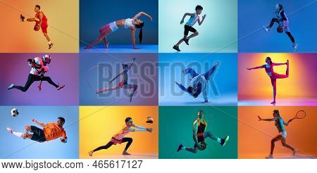 Collage. People, Atheletes Of Different Age Doing Various Sports Isolated Over Mulricolored Backgrou