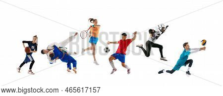 Collage. Different People, Sportsmen In Action, Playing, Training Isolated Over White Background. Ba