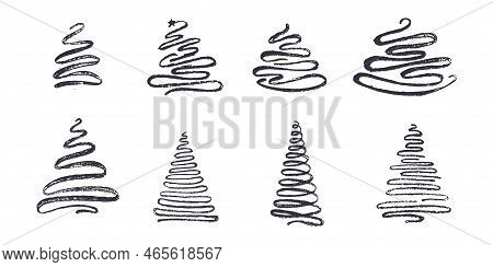 Hand Drawn Set Christmas Tree. Abstract Doodle Grunge Drawing Woods. Vector Stock Illustration Isola