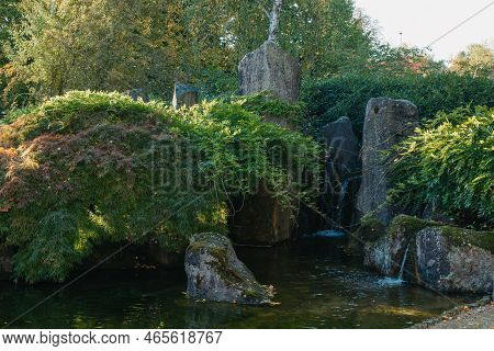 Scenic Japanese Style Gardens With A Waterfall In The Park Of Bietigheim-bissingen, Baden-wuerttembe