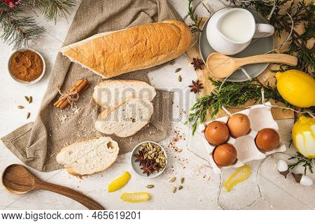 Ingredients For Preparing Spanish Torrijas, French Toasts  Or Traditional Portuguese Rabanadas For C