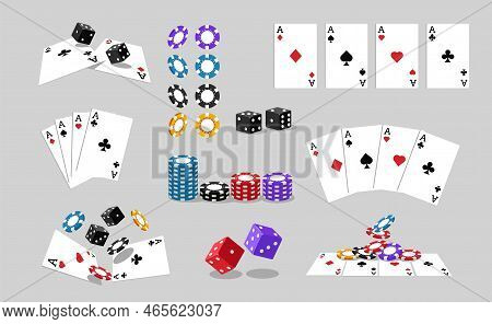 Casino Cards And Chips. Playing Accessories For Poker Tournament Flat Cartoon Style, Gambling Game C