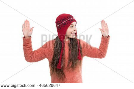 Teen Girl In Earflap Hat Isolated On White Background. Hands Up. Teen Girl Wear Sweater And Earflap