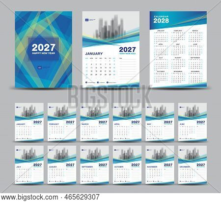 Calendar 2027 Template Set And 2028 Year Minimal Blue Background, Wall Calendar 2027, Desk Calendar 