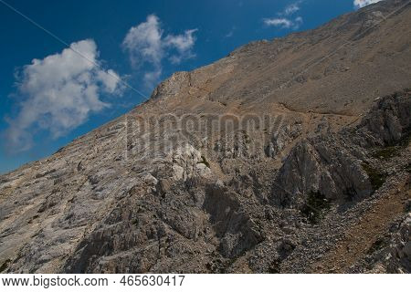Panoramic View Of Extreme Pathway To The Pieak Of Vetta Occidentale Of Corno Grande In The Gran Sass