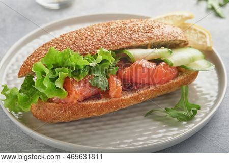 Sandwiches With Salted Salmon. Open Sandwiches From Cereal Or Whole Grain Rye Bread With Salted Salm