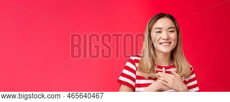 Close-up Tender Touched Young Charming Asian Blond Girl Press Palms Heart Thankful Smiling Broadly A