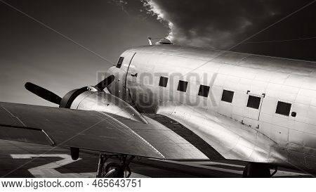 Historical Aircraft On A Runway In Black And White