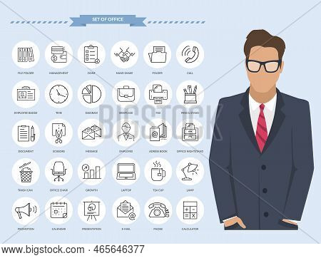 Office Thin Line Icons. Businessman With Set Of Office Contact And Payment Icons, Connection Methods