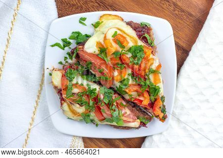 Top View Of Tasty Homemade Low-carb Keto Meatza (grain And Gluten Free Beef Meat-based Pizza) Slice 