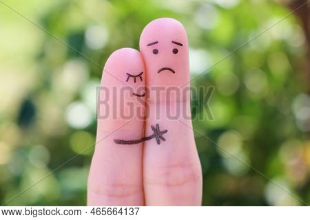 Fingers Art Of Displeased Couple. Man Is Sad, Woman Reassures Her. She Kisses And Hugs Hes.
