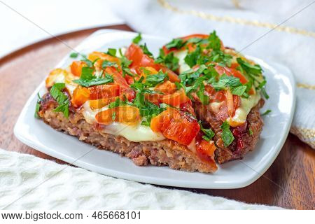 Tasty Homemade Low-carb Keto Meatza (grain And Gluten Free Beef Meat-based Pizza) Slice With Vegetab