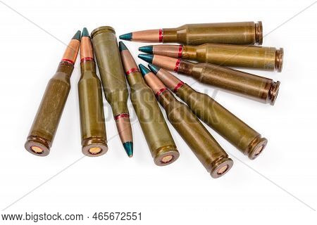 Tracer Service Rifle Cartridges With Green Marking Of The Bullet Tips On A White Background