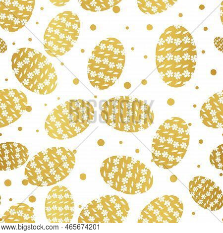 Abstract Seamless Golden Easter Eggs And Spots Pattern On White Background.