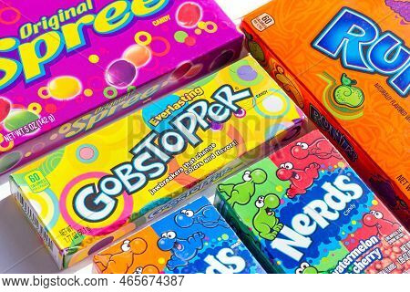 Dushanbe, Tajikistan - August 18, 2022: Different Kinds Of American Sweet Candies (gobstopper, Spree