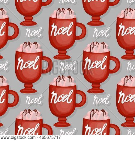 Seamless Christmas Pattern. Wrapping Paper For Coffee Bar. Cappuccino Or Frapuccino Pattern. Hand Dr