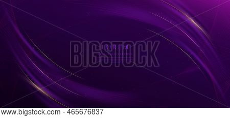 Luxury Curve Golden Lines On Dark Purple  Background With Lighting Effect Copy Space For Text. Luxur
