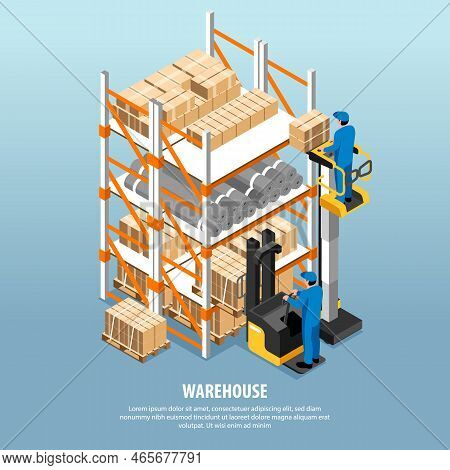 Isometric Warehouse Interior Concept With Workers Loading Cardboard Boxes Vector Illustration