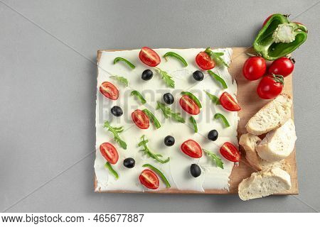 A Board Of Butter Or Cream Cheese On A Wooden Board. Appetizer. Top View. Butter Board Food Trend, C